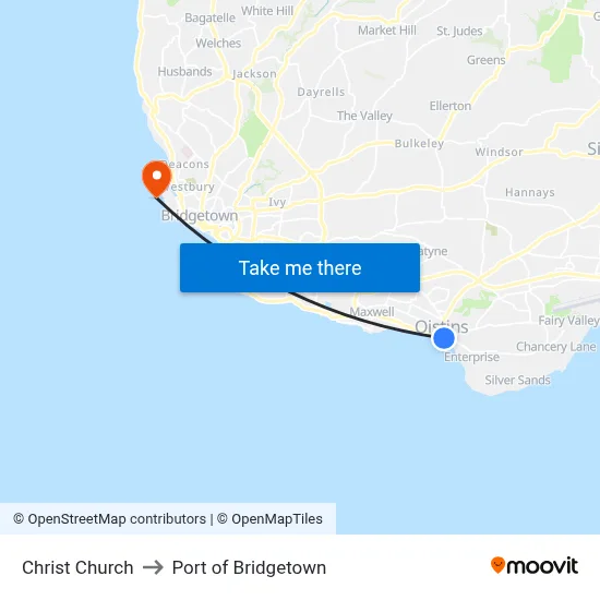 Christ Church to Port of Bridgetown map