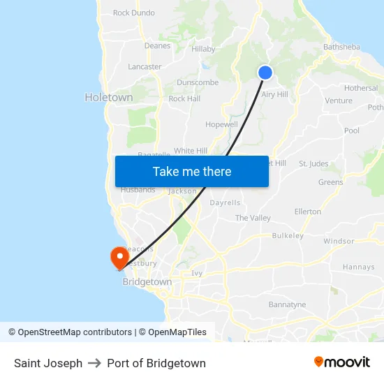 Saint Joseph to Port of Bridgetown map