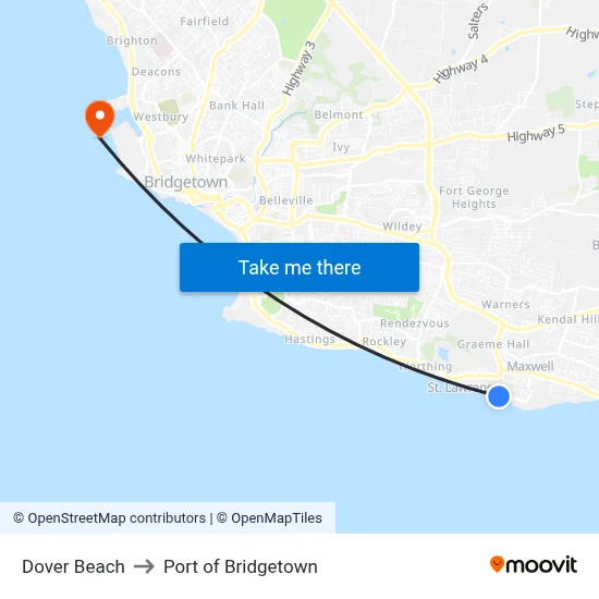 Dover Beach to Port of Bridgetown map