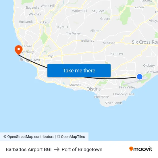 Barbados Airport BGI to Port of Bridgetown map