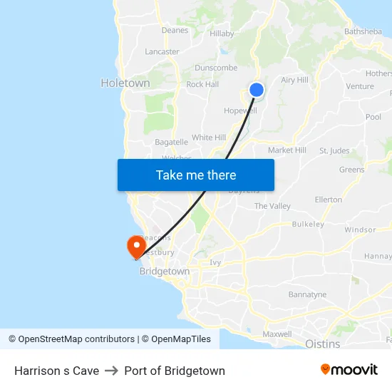 Harrison s Cave to Port of Bridgetown map