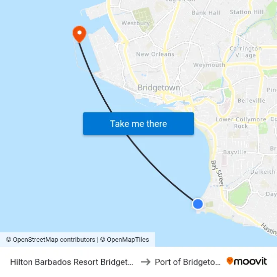 Hilton Barbados Resort Bridgetown to Port of Bridgetown map