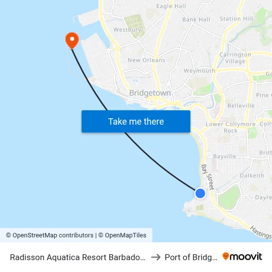 Radisson Aquatica Resort Barbados Bridgetown to Port of Bridgetown map