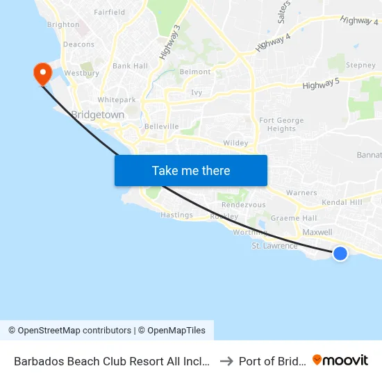 Barbados Beach Club Resort All Inclusive Christ Church to Port of Bridgetown map