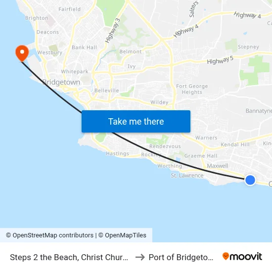 Steps 2 the Beach, Christ Church to Port of Bridgetown map