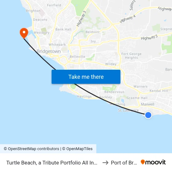 Turtle Beach, a Tribute Portfolio All Inclusive Hotel, Christ Church to Port of Bridgetown map