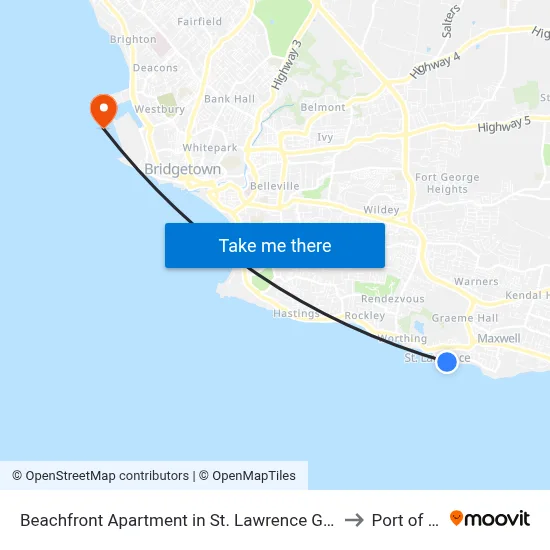 Beachfront Apartment in St. Lawrence Gap - Close To Your Every Need, Christ Church to Port of Bridgetown map