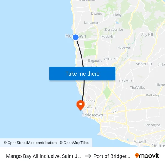 Mango Bay All Inclusive, Saint James to Port of Bridgetown map