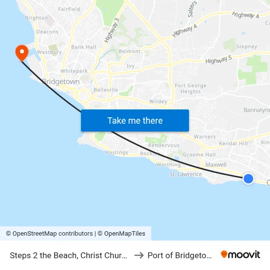 Steps 2 the Beach, Christ Church to Port of Bridgetown map