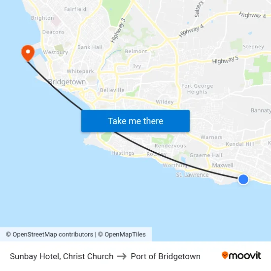Sunbay Hotel, Christ Church to Port of Bridgetown map