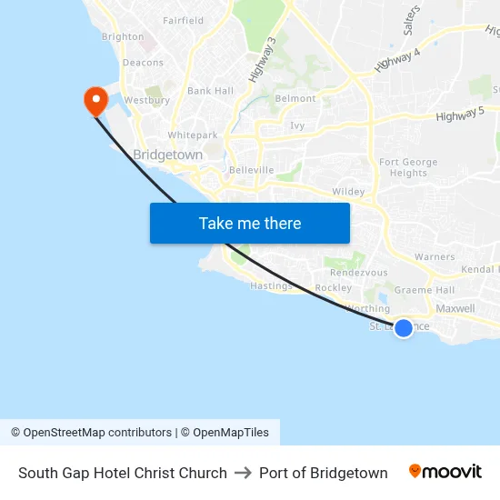 South Gap Hotel Christ Church to Port of Bridgetown map