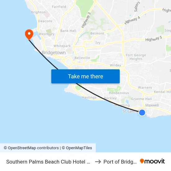 Southern Palms Beach Club Hotel Christ Church to Port of Bridgetown map