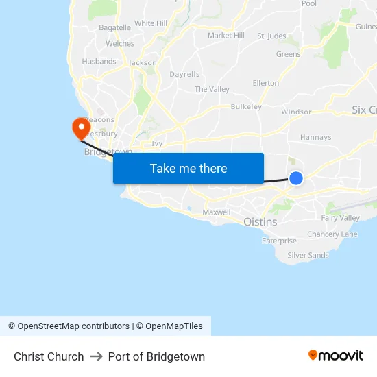 Christ Church to Port of Bridgetown map