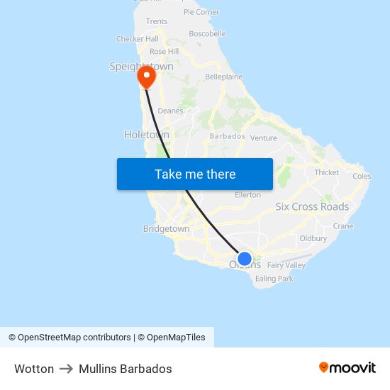 Wotton to Mullins Barbados map