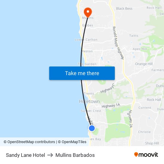 Sandy Lane Hotel to Mullins Barbados map