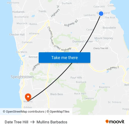 Date Tree Hill to Mullins Barbados map
