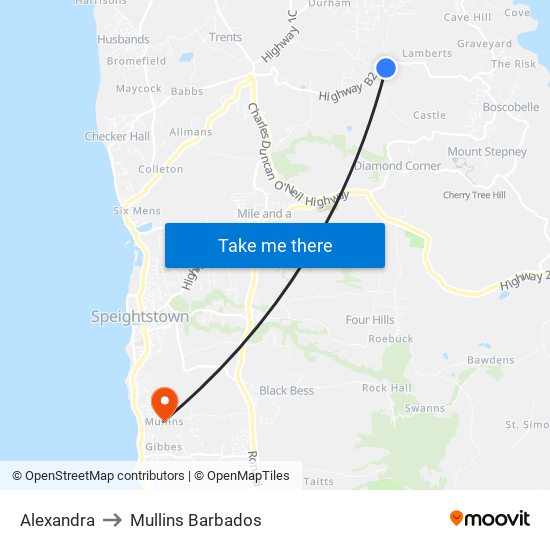 Alexandra to Mullins Barbados map