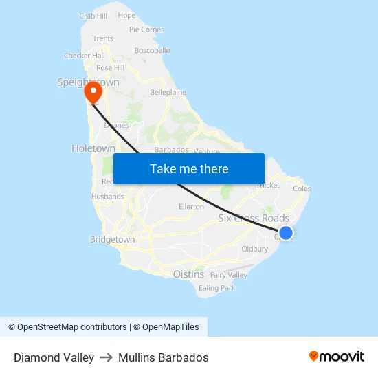 Diamond Valley to Mullins Barbados map