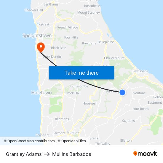 Grantley Adams to Mullins Barbados map