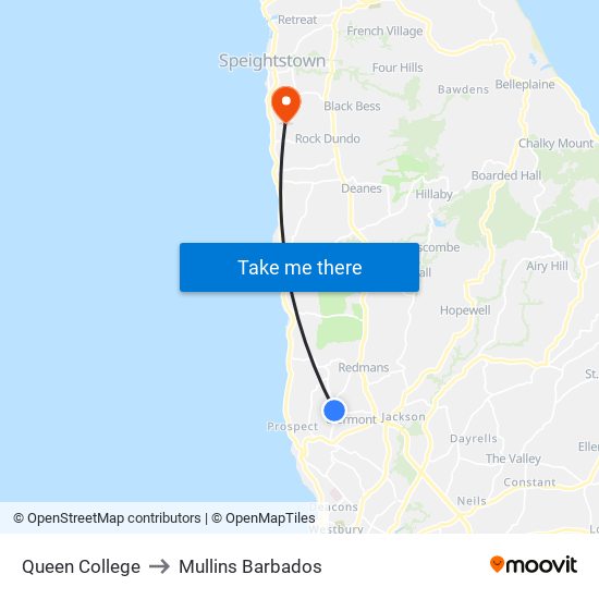 Queen College to Mullins Barbados map