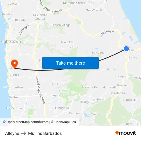 Alleyne to Mullins Barbados map