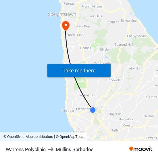 Warrens Polyclinic to Mullins Barbados map