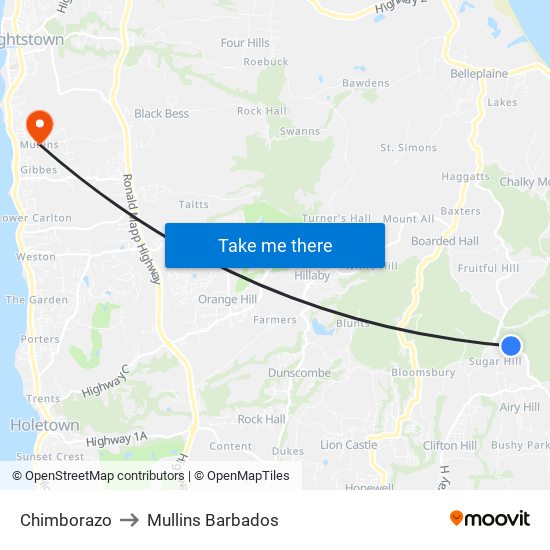 Chimborazo to Mullins Barbados map