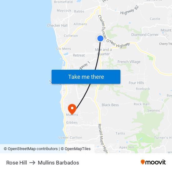 Rose Hill to Mullins Barbados map