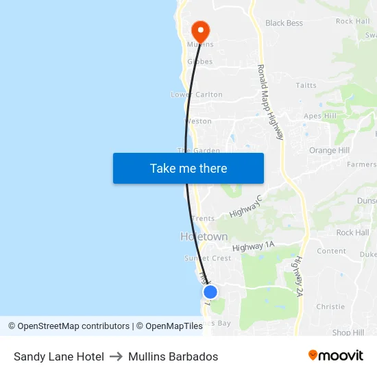 Sandy Lane Hotel to Mullins Barbados map
