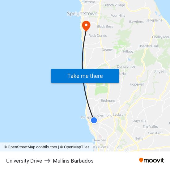 University Drive to Mullins Barbados map
