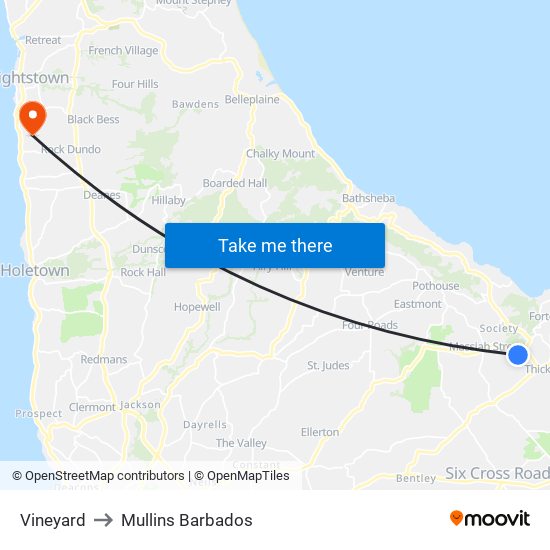 Vineyard to Mullins Barbados map