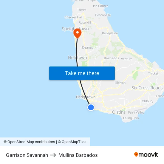 Garrison Savannah to Mullins Barbados map