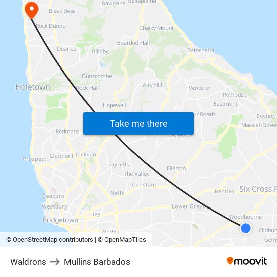 Waldrons to Mullins Barbados map