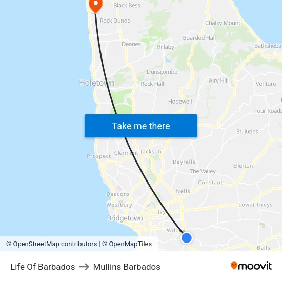Life Of Barbados to Mullins Barbados map
