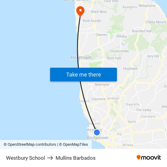 Westbury School to Mullins Barbados map