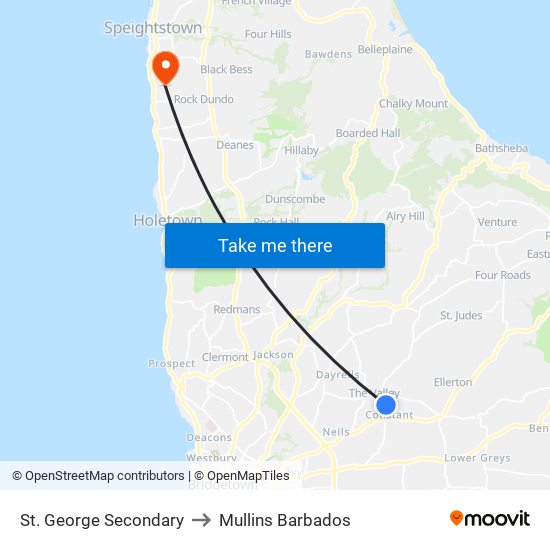 St. George Secondary to Mullins Barbados map