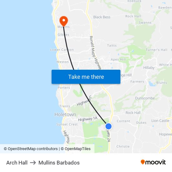 Arch Hall to Mullins Barbados map