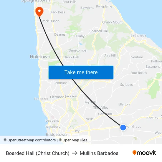 Boarded Hall (Christ Church) to Mullins Barbados map
