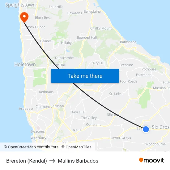 Brereton (Kendal) to Mullins Barbados map