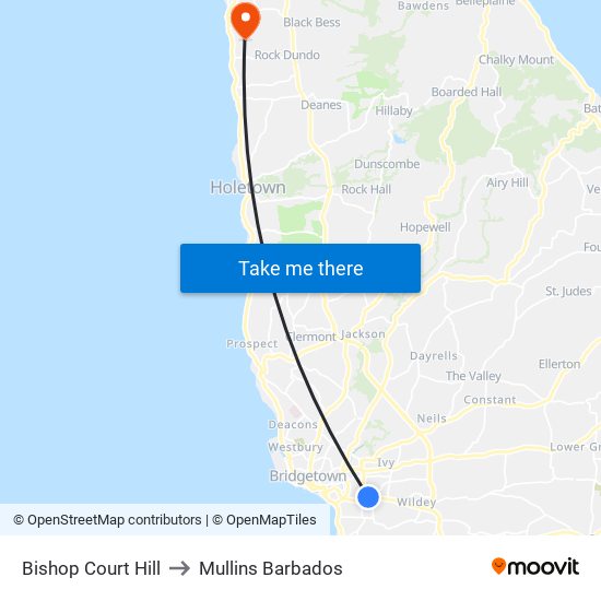 Bishop Court Hill to Mullins Barbados map