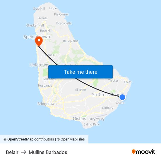 Belair to Mullins Barbados map