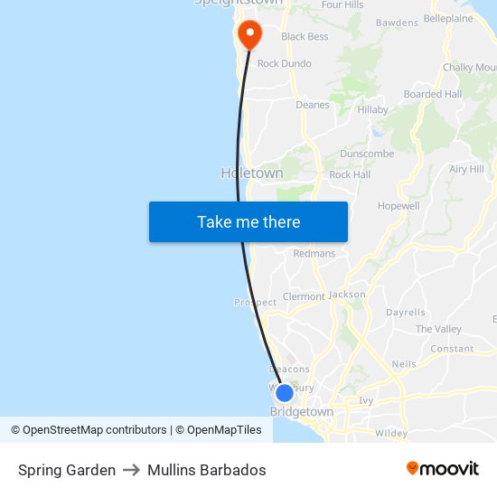 Spring Garden to Mullins Barbados map