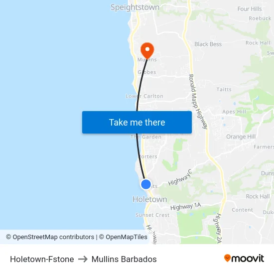 Holetown-Fstone to Mullins Barbados map