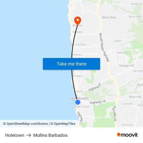 Holetown to Mullins Barbados map