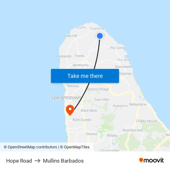 Hope Road to Mullins Barbados map