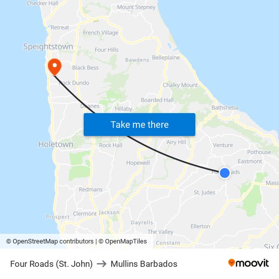 Four Roads (St. John) to Mullins Barbados map