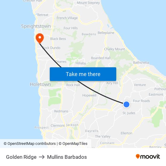 Golden Ridge to Mullins Barbados map