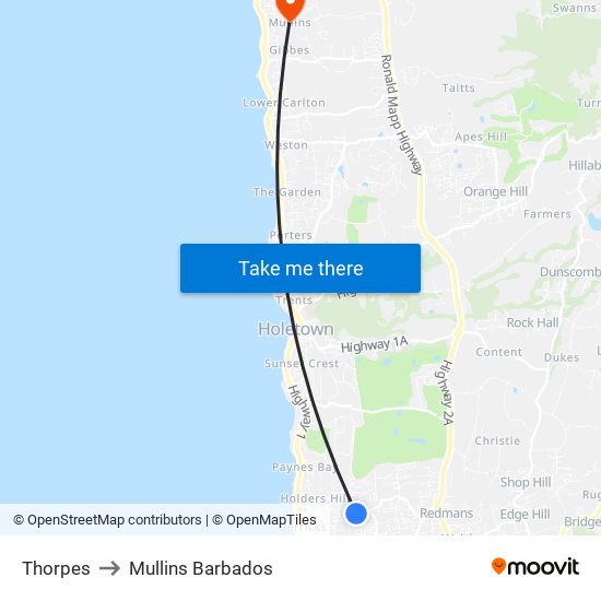 Thorpes to Mullins Barbados map