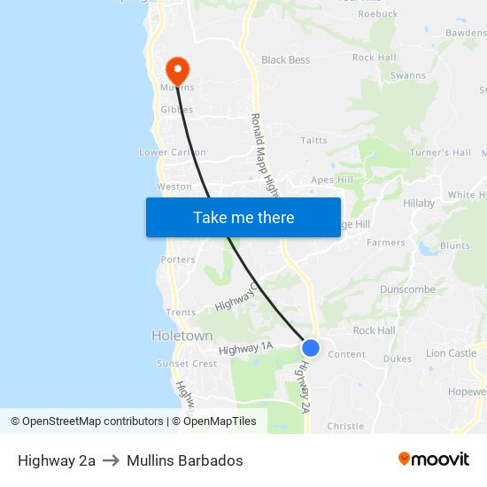 Highway 2a to Mullins Barbados map