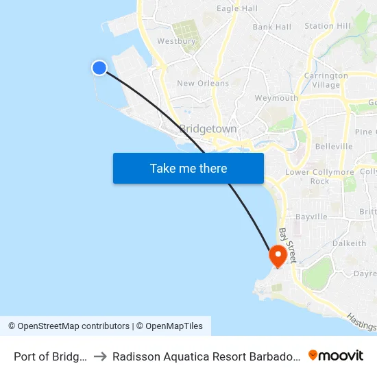 Port of Bridgetown to Radisson Aquatica Resort Barbados Bridgetown map